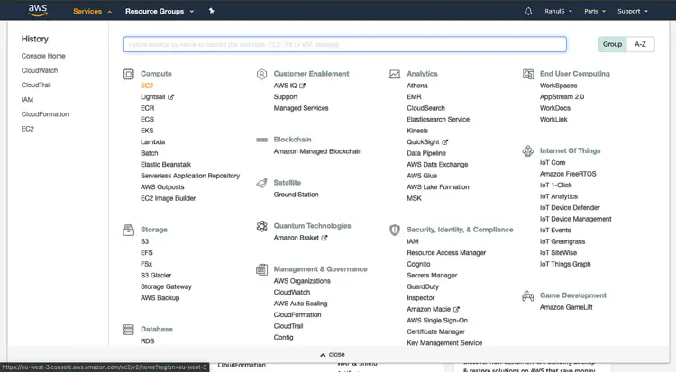 Меню Services и Resource Groups в консоли AWS