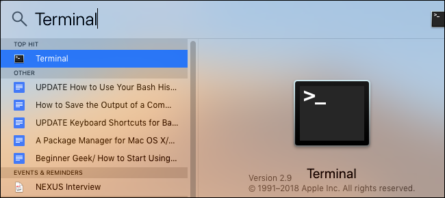 Открытие Terminal через Spotlight на macOS