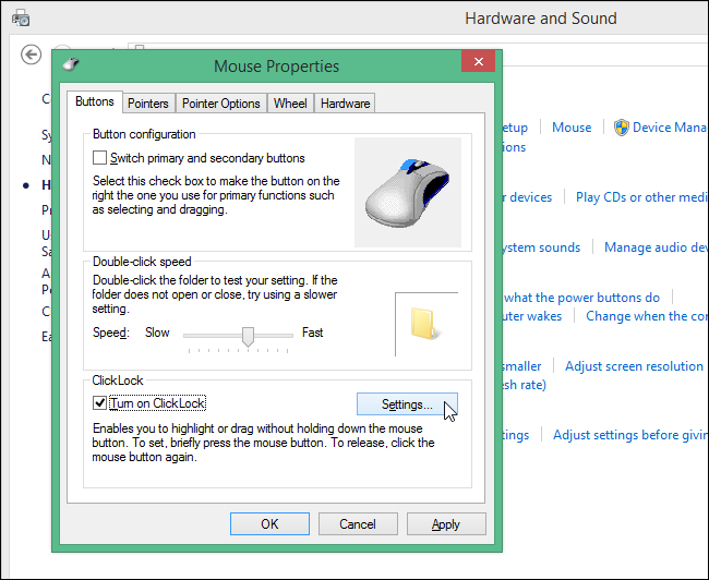 Диалог настроек ClickLock с ползунком времени удержания