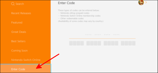 Меню Nintendo eShop с пунктом Enter Code