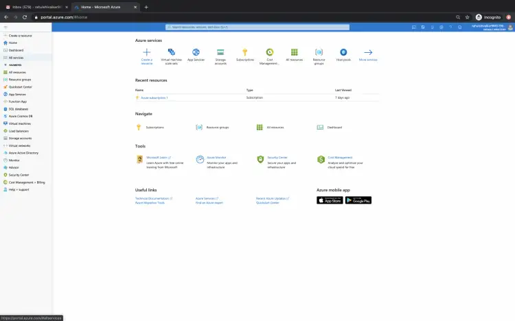 Меню 'All Services' в Azure Portal