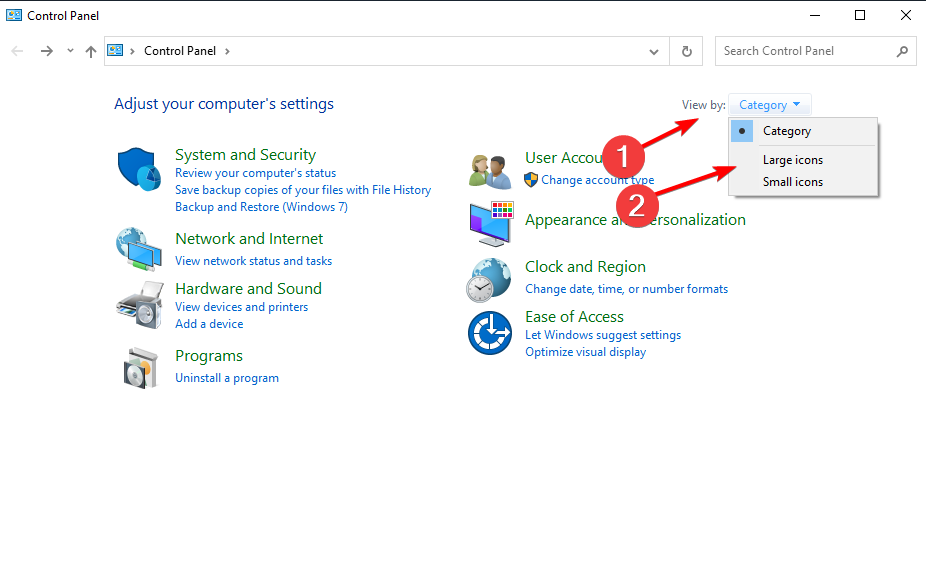 Параметр «Просмотр: Крупные значки» в Панели управления
