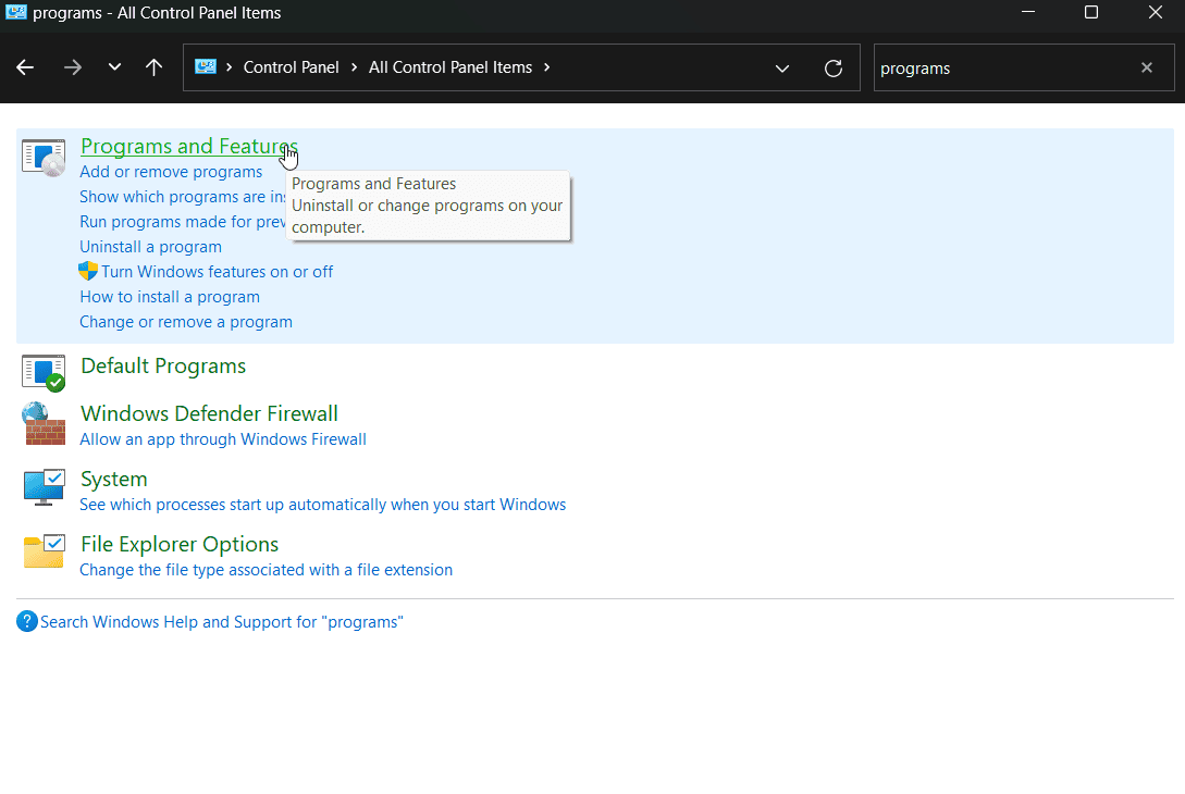 Раздел Программы и компоненты в Панели управления