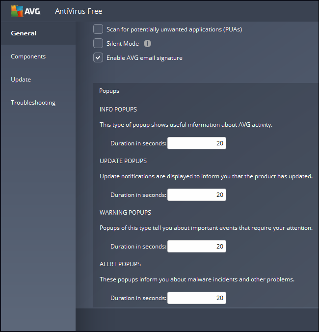 Скриншот: настройки времени отображения всплывающих окон в AVG