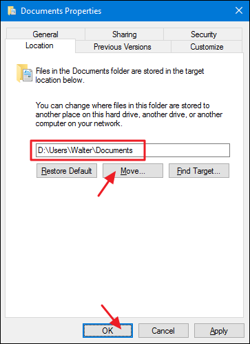 Вкладка Расположение в свойствах папки