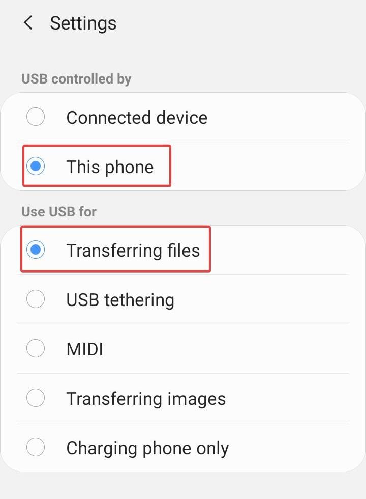 Выбор «Передача файлов» в настройках USB