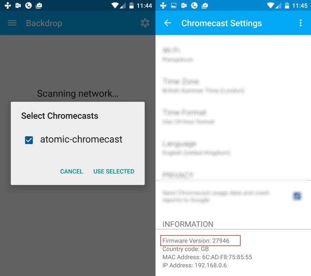 Экран приложения Chromecast с информацией о версии прошивки