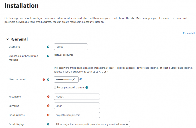 Создание учётной записи администратора Moodle