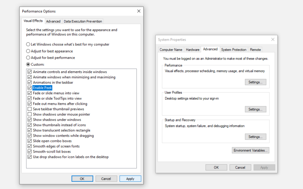 Включение опции Peek в настройках быстродействия