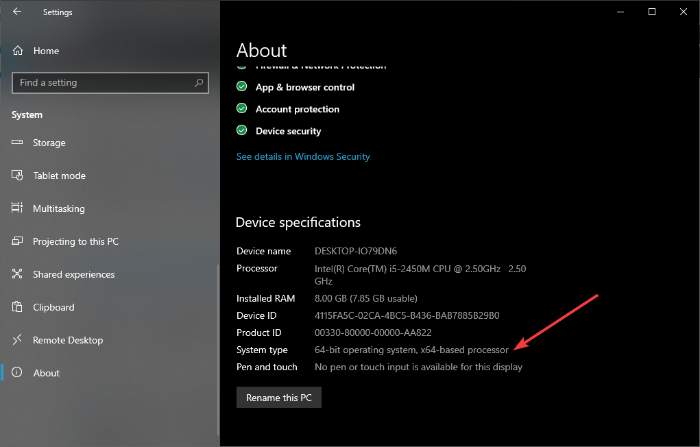 Окно «Сведения» в Windows, показывающее архитектуру системы