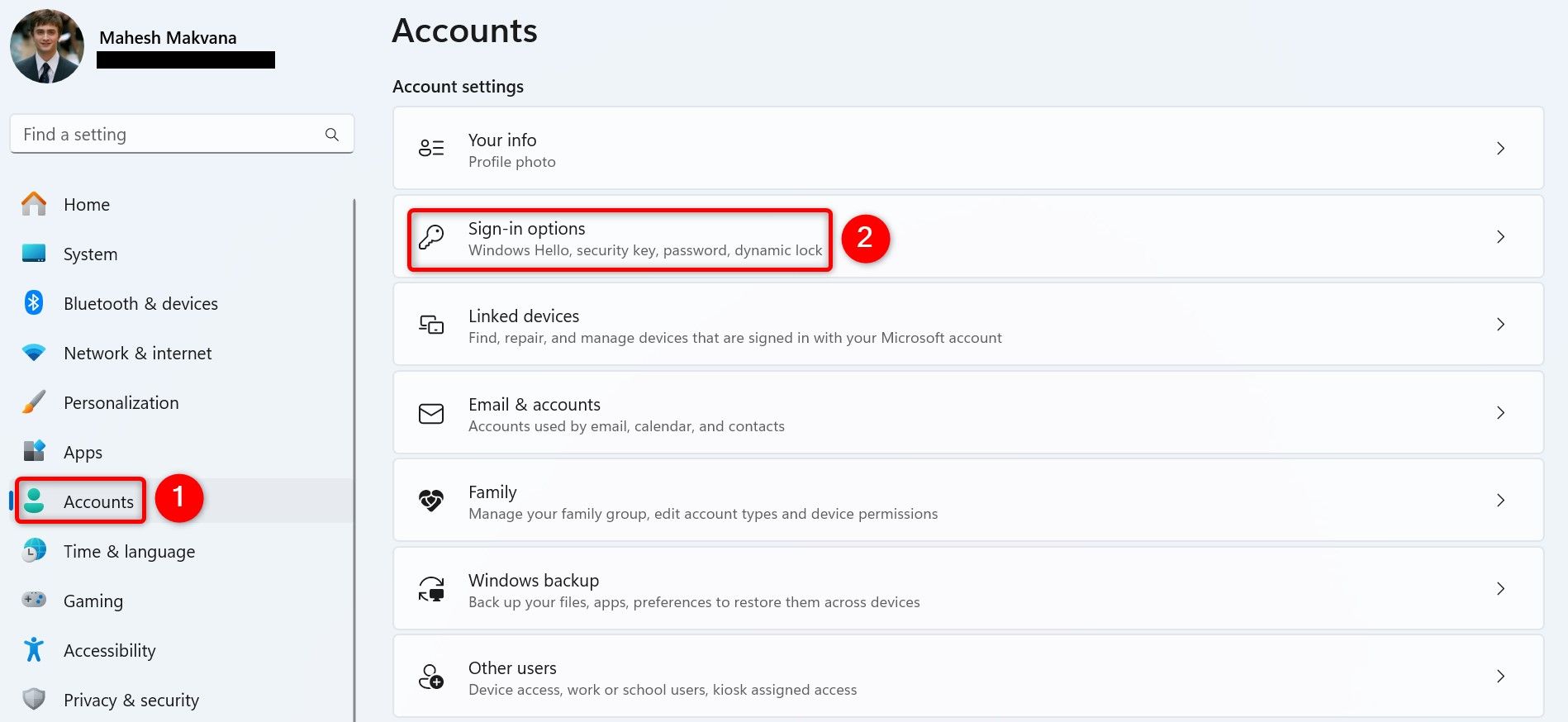 Выделены 'Accounts' и 'Sign-In Options' в настройках Windows 11