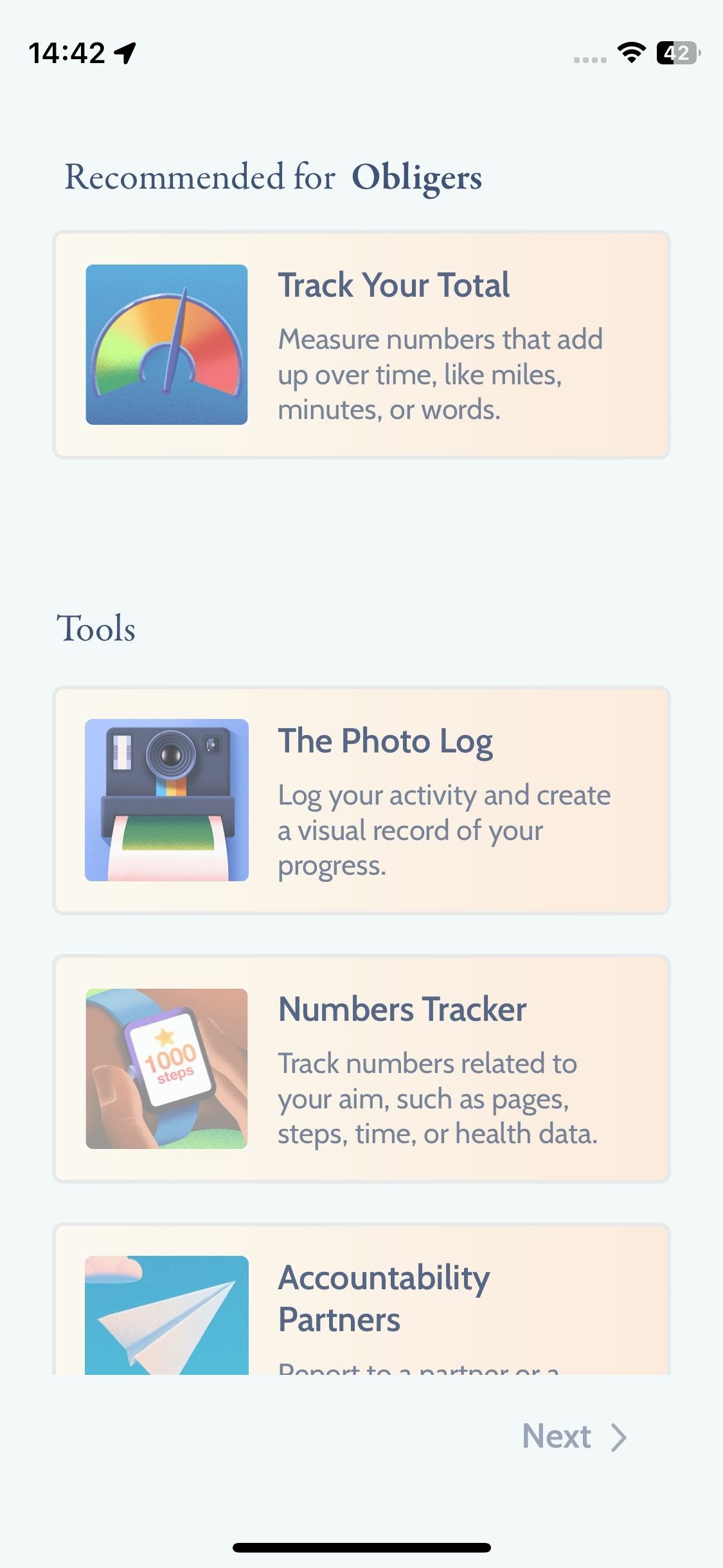Скриншот приложения Happier — рекомендуемые инструменты для Obliger