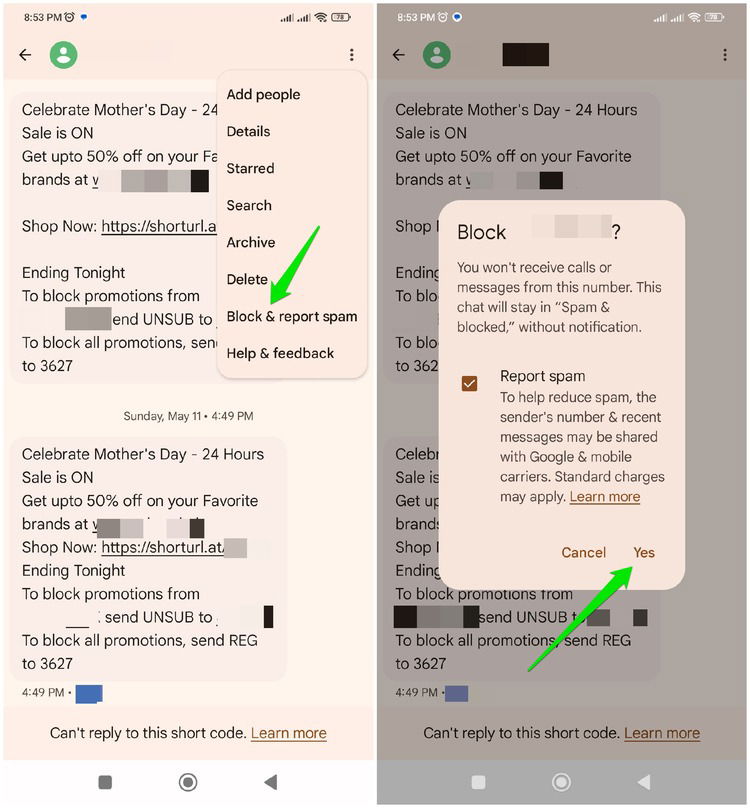 Сообщение о спаме в Google Messages
