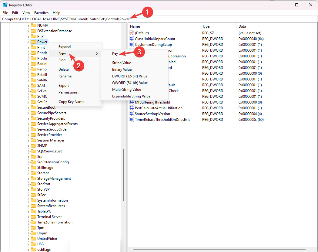 Создание ключа Power