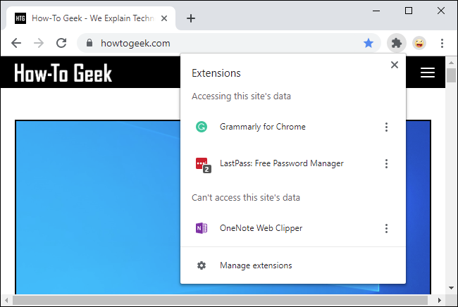 Новое меню расширений в Google Chrome с разделами доступа