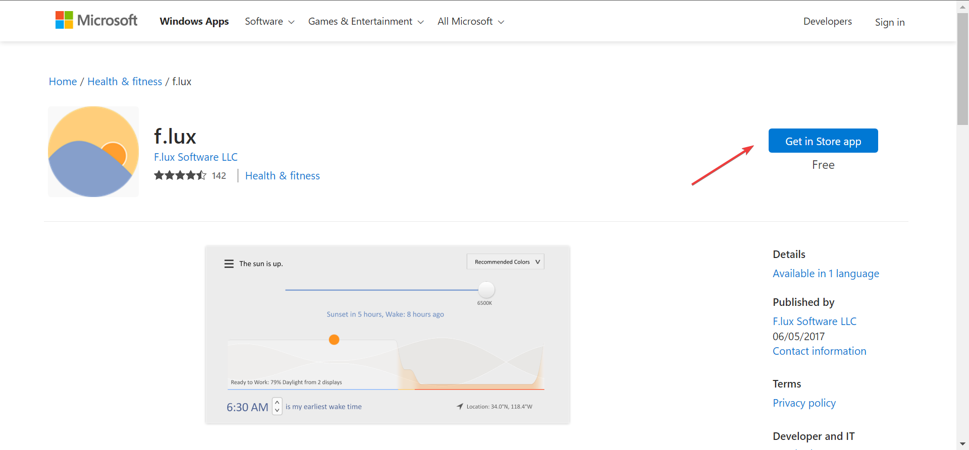 Страница f.lux в Microsoft Store