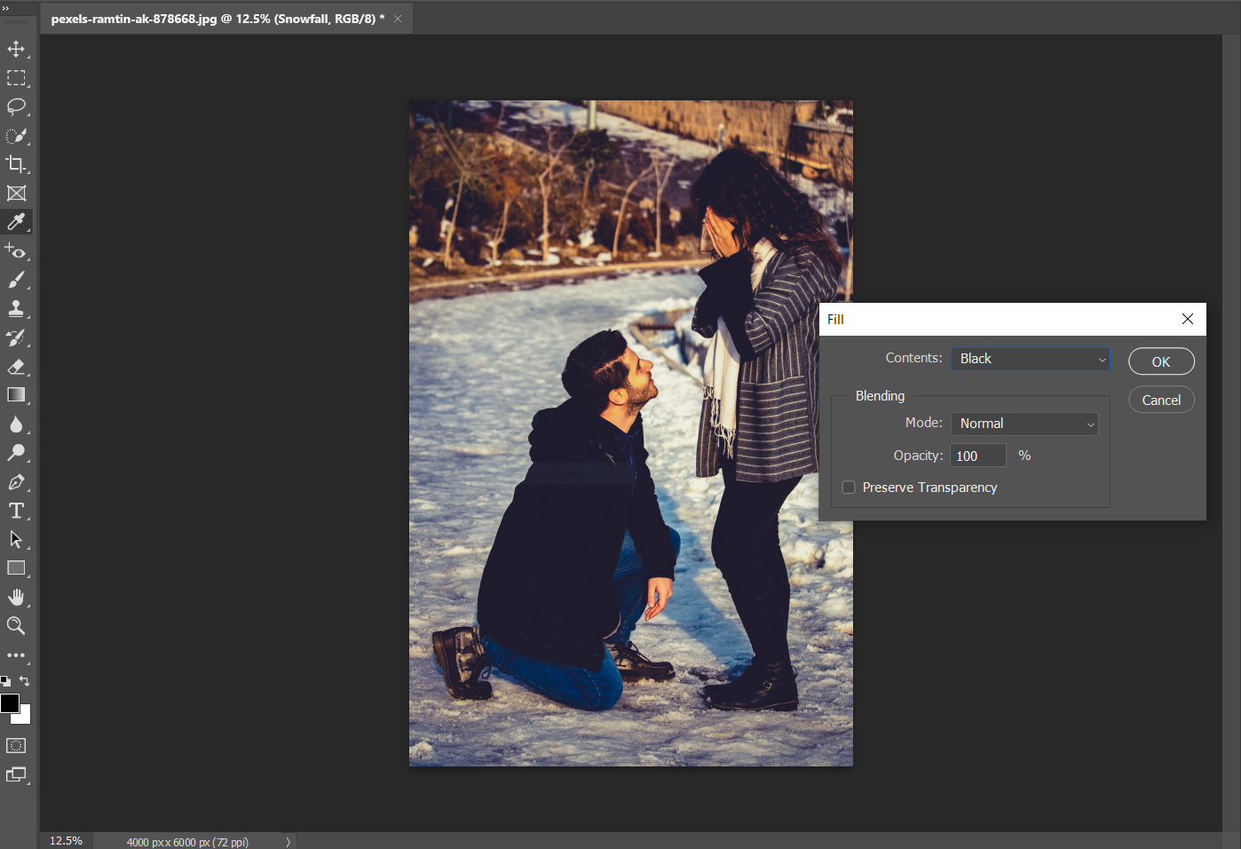 Пара стоит в снегопаде