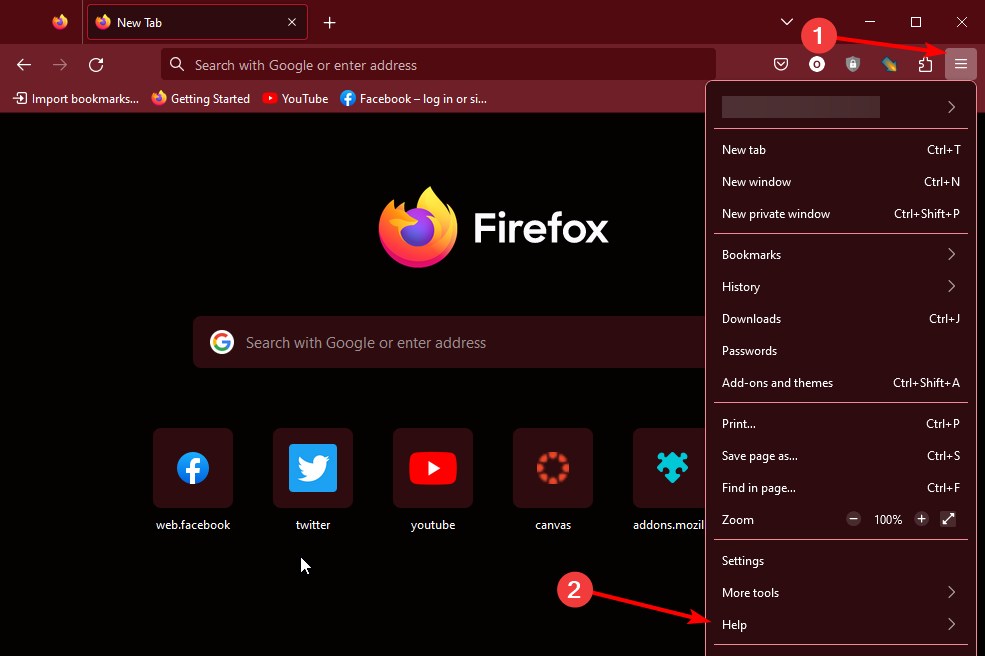 Пункт 'Помощь' в меню Firefox