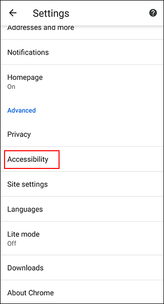 В настройках Chrome выберите Специальные возможности