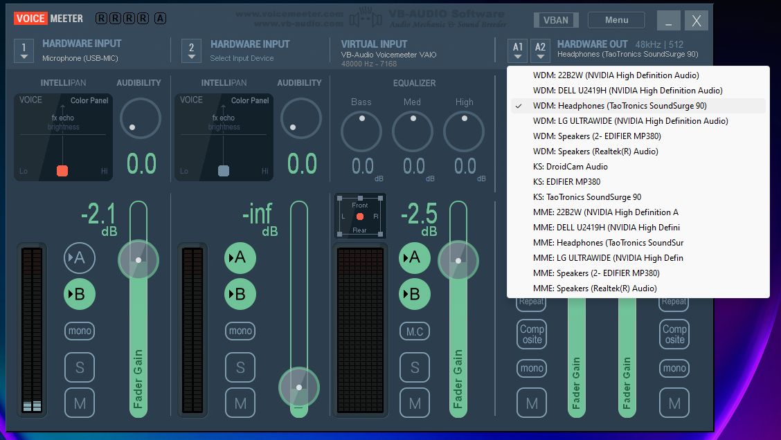 Выбор выходного устройства в Voicemeeter