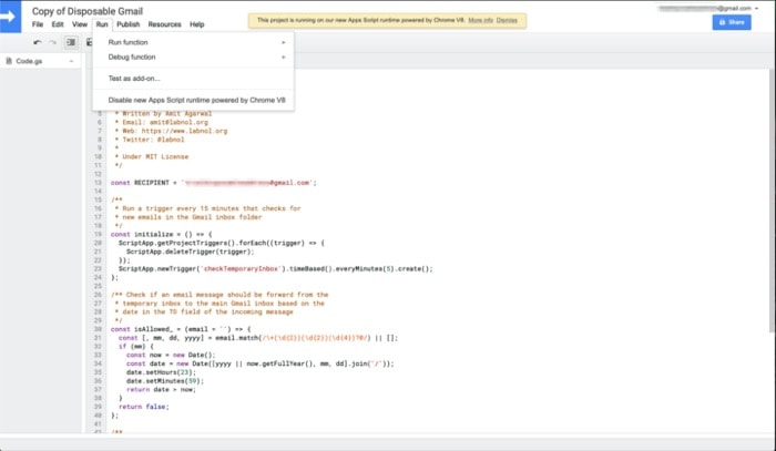 Запуск функции initialize в редакторе скриптов Google Apps Script