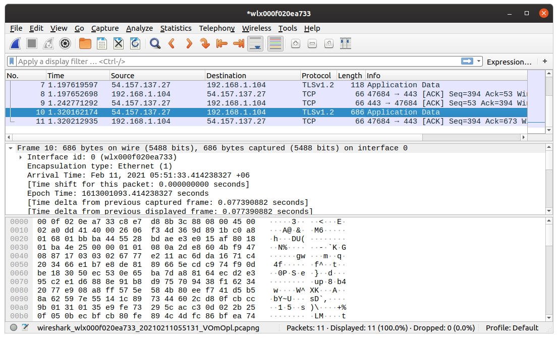 viewing packet data in Wireshark
