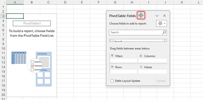 Панель полей сводной таблицы в виде плавающего окна, перемещённого в другую часть экрана.