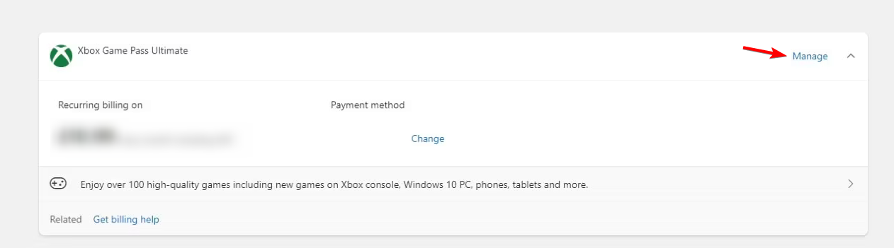 Изображение: кнопка Управлять у подписки Game Pass