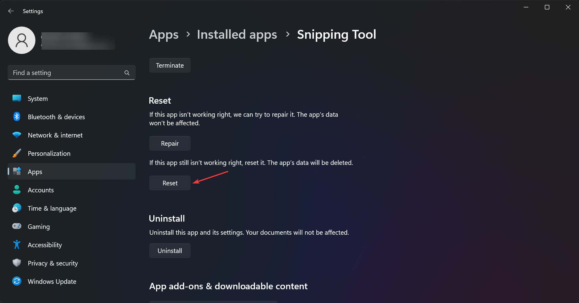 Кнопка Сбросить приложение