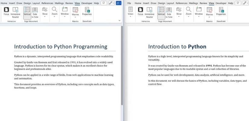 Два документа Microsoft Word в режиме «Окно рядом» с синхронной прокруткой