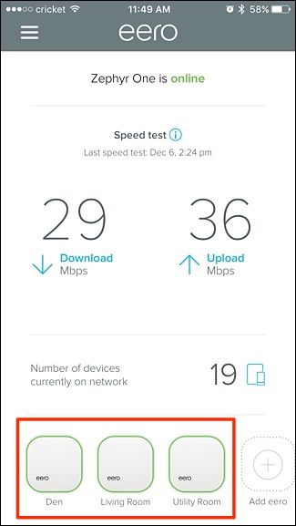 Главный экран приложения Eero с перечнем устройств