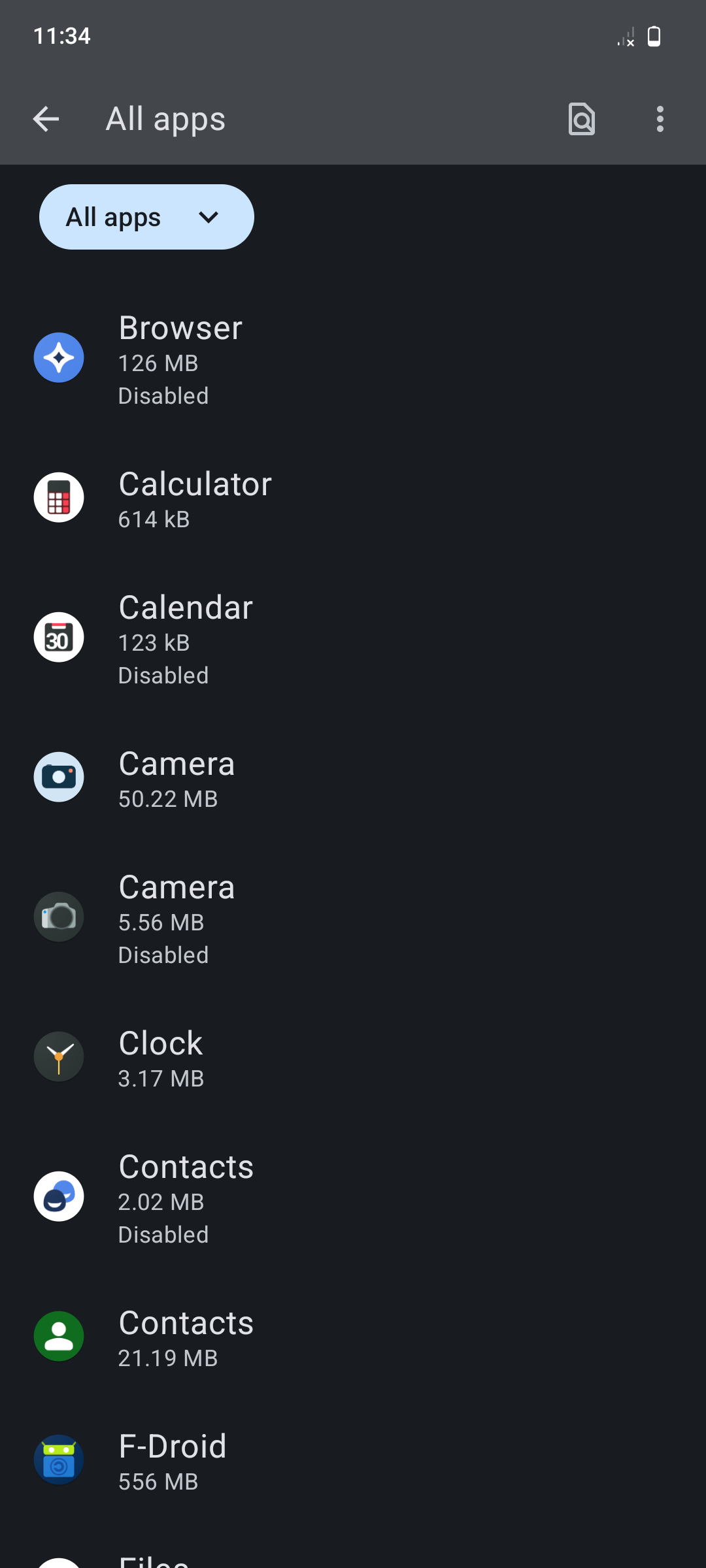 Список приложений в LineageOS 21 с некоторыми отключёнными приложениями.