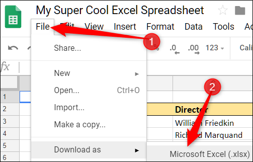 Меню 'Файл — Скачать' в Google Sheets с опцией Microsoft Excel
