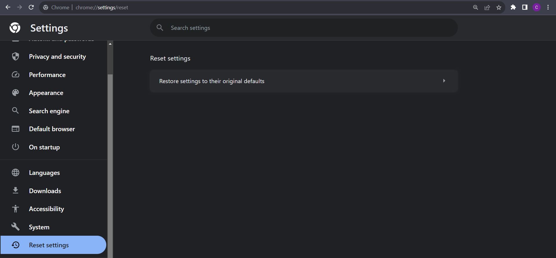 раздел 'Восстановить настройки' в Chrome