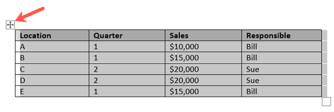 Маркер выделенной таблицы в Word