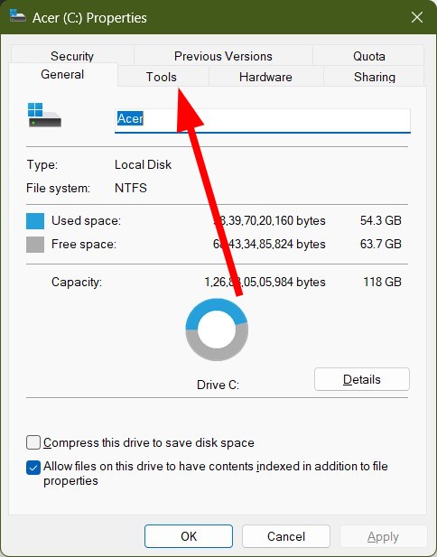 Вкладка инструментов в свойствах диска
