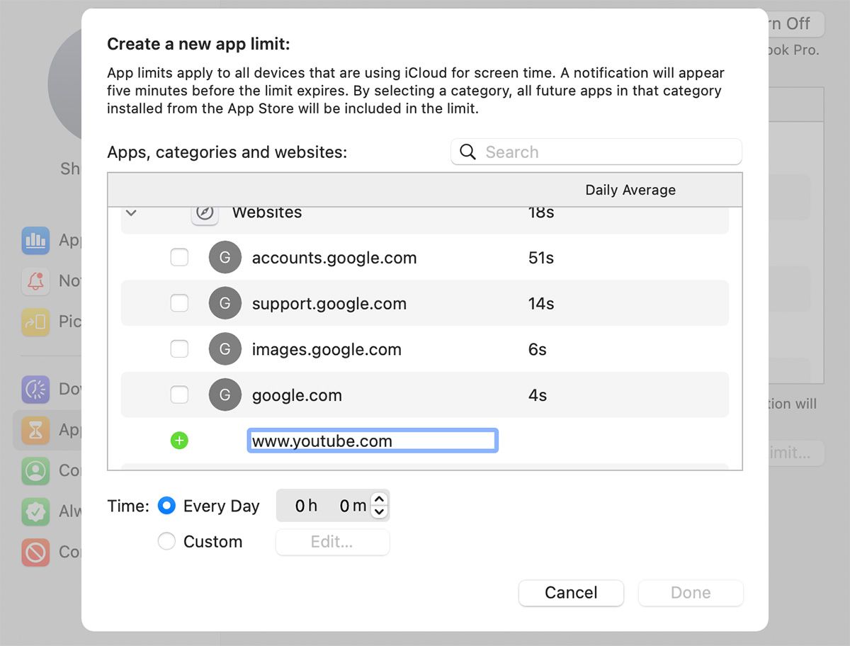 Добавление собственного сайта в Экранное время