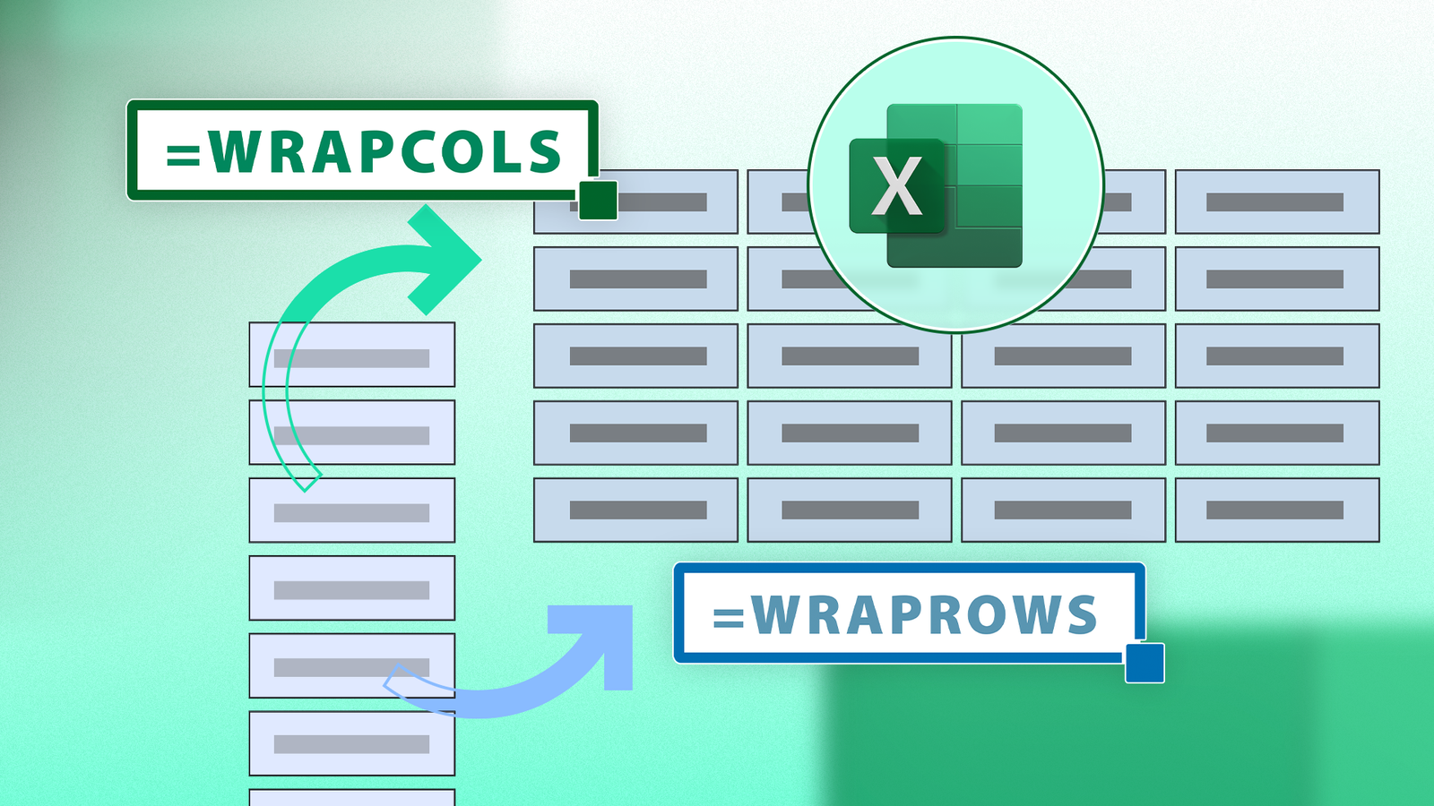 Microsoft Excel illustration showing the WRAPCOLS and WRAPROWS functions with the Excel logo.