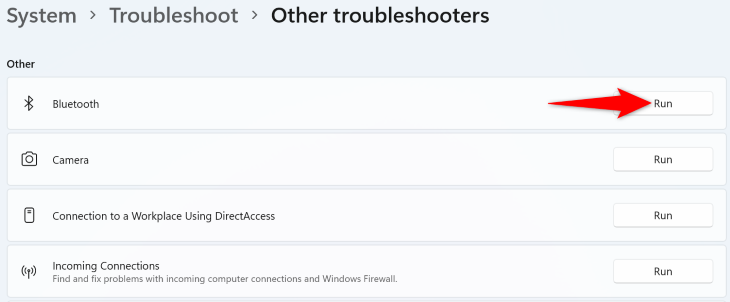 Выберите Выполнить рядом с Bluetooth