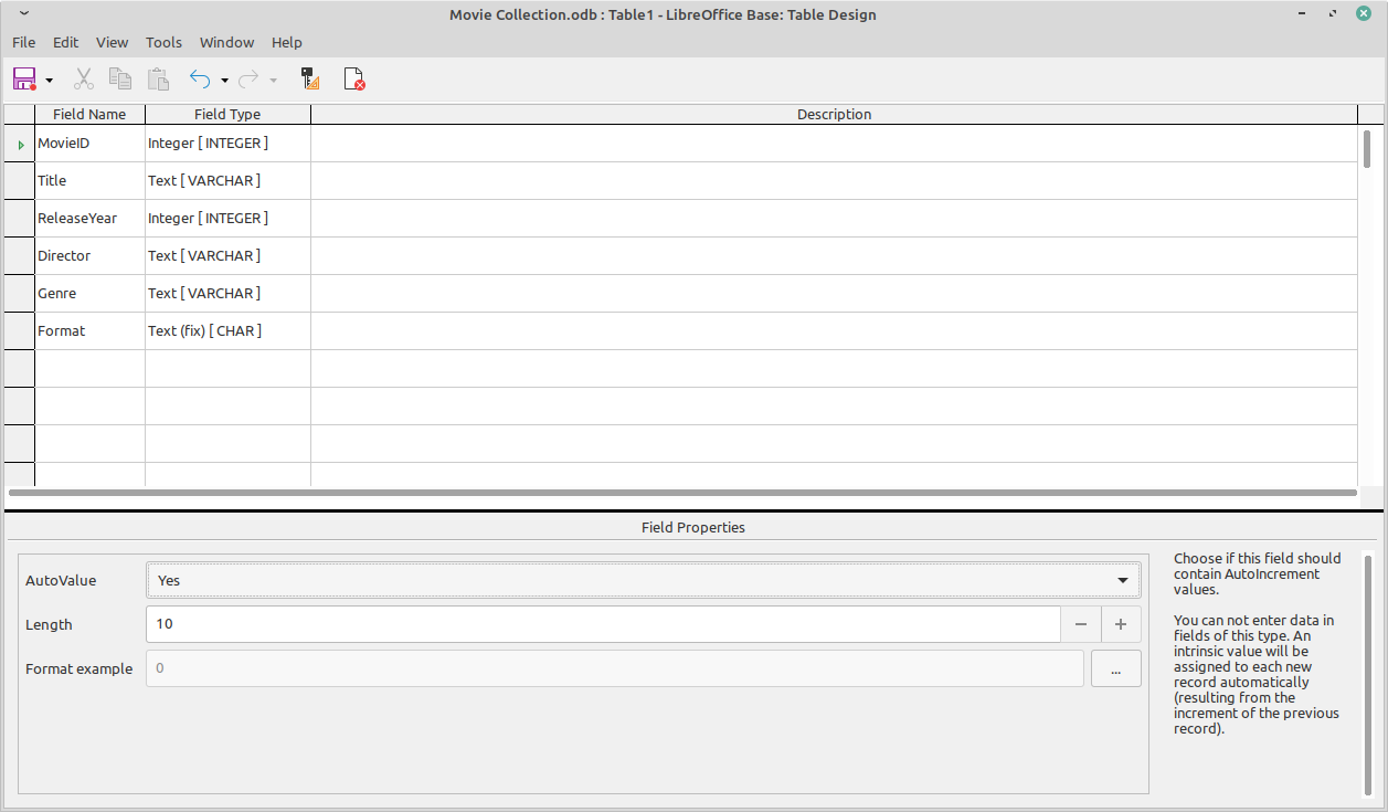 вид конструктора таблицы LibreOffice Base с полями таблицы