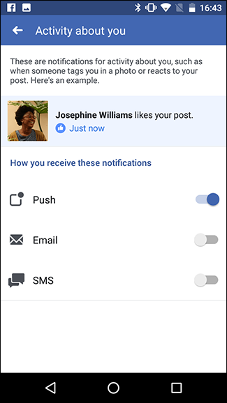Настройки уведомлений по активности: «Активность о вас»