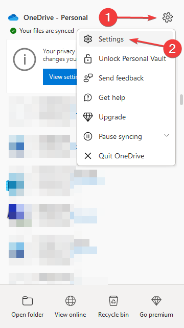 Окно настроек OneDrive
