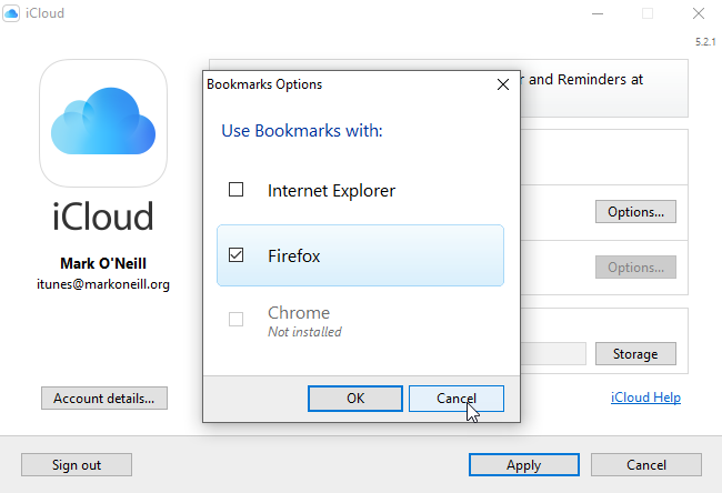 Параметры закладок iCloud Control Panel