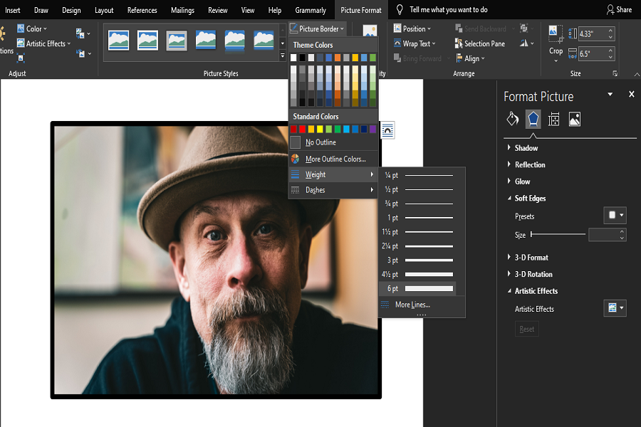 Выбор толщины рамки изображения в Microsoft Word