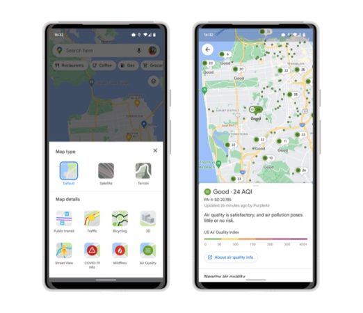 Функция качества воздуха в интерфейсе Google Maps