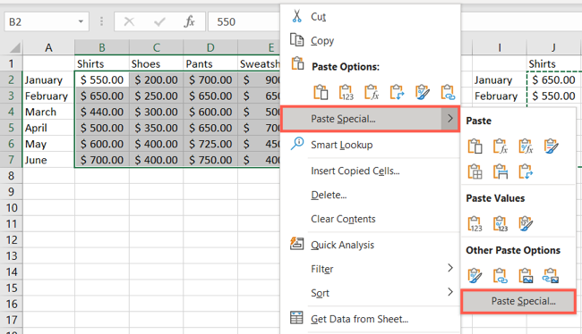 Контекстное меню: выберите «Специальная вставка»