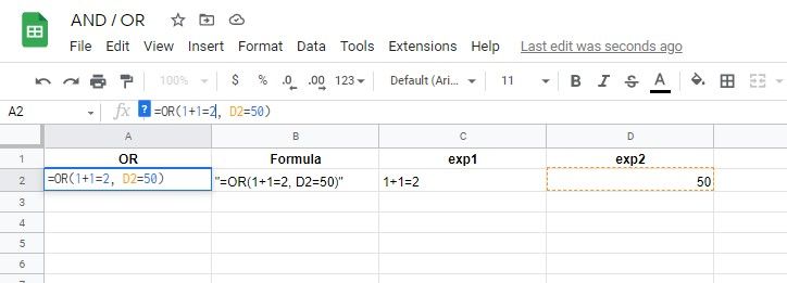 Пример использования функции OR в интерфейсе Google Sheets