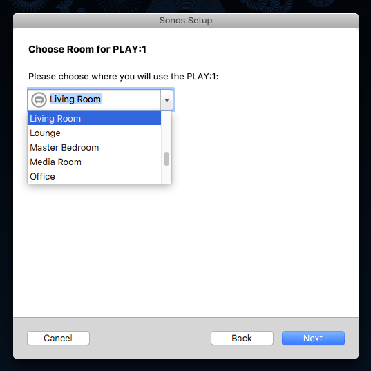 Выбор местоположения (имени) динамика в приложении Sonos