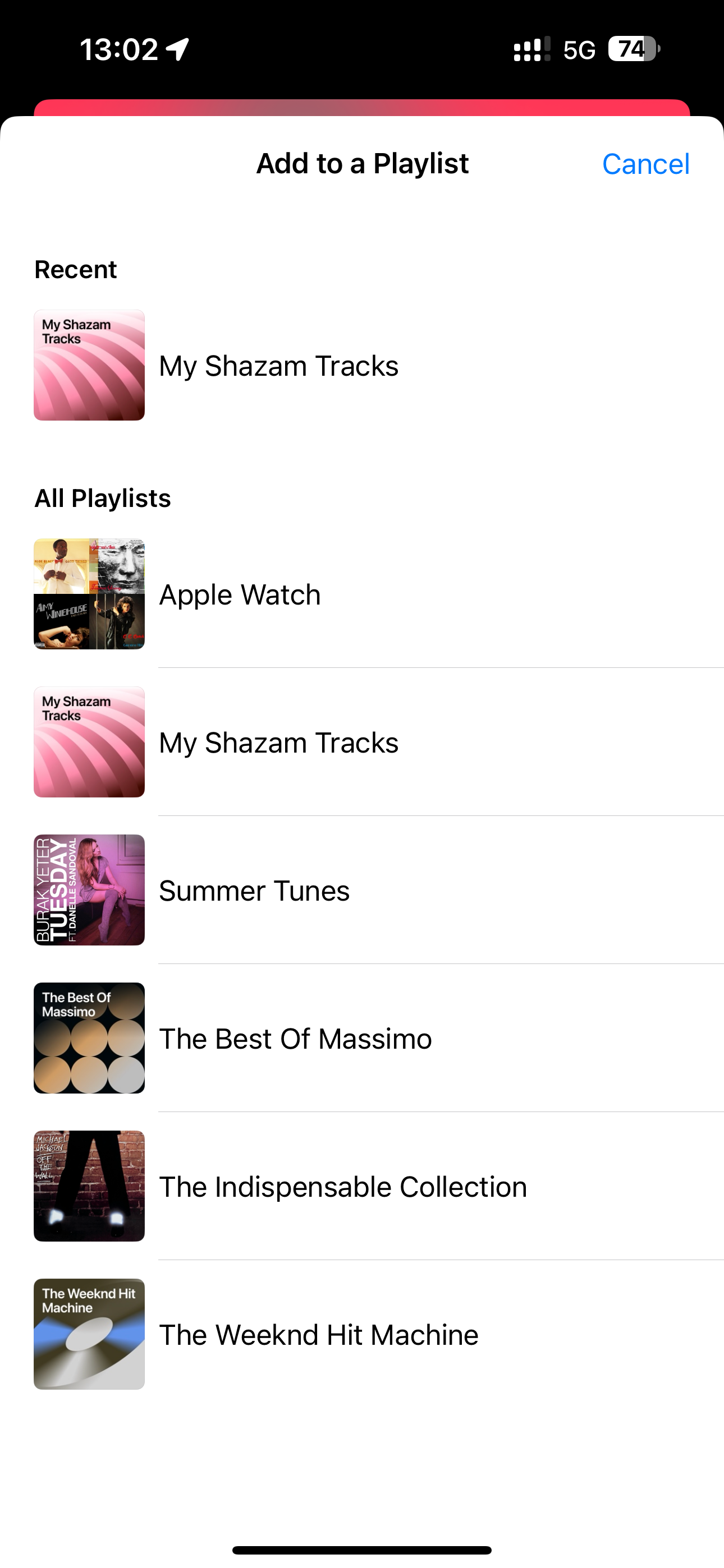 Добавление распознанной песни в плейлист в приложении Музыка на iPhone.