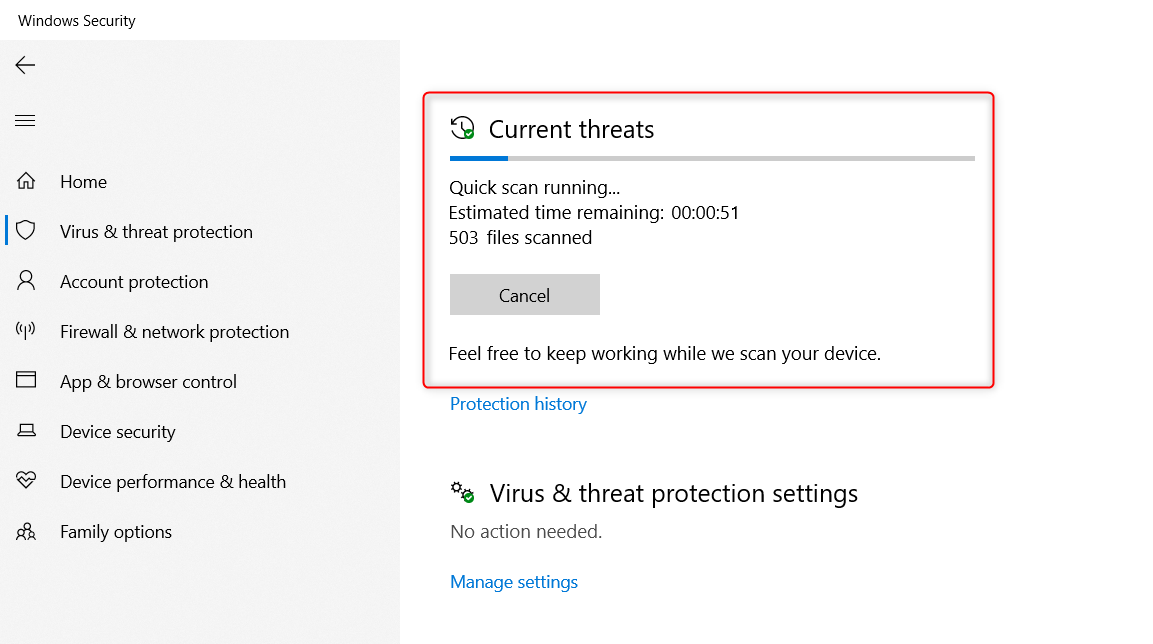 Быстрое сканирование Microsoft Defender выполняется